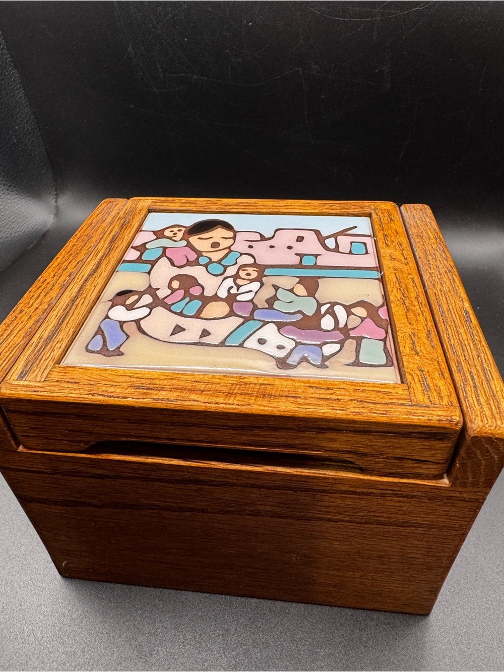 Native American oak Jewelry Box with Colorful Ceramic Tile Lid